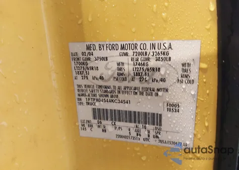 2004 Ford F-150 Fx4/Xlt from USA, damaged, VIN 1FTPX04544KC34541